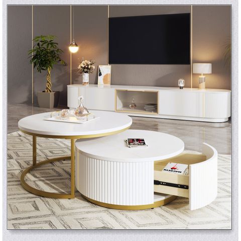Mercer41 Modern Round Nesting Coffee Table Fluted With Drawer In White & Gold In 31.5'' | Wayfair regarding A Guide to Styling Your Gewnee Modern Round Nesting Coffee Table
